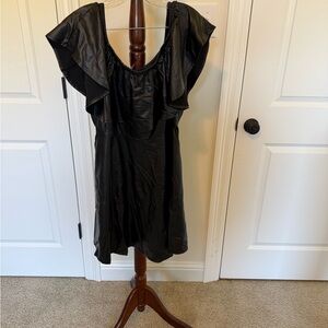 Chic Black Ruffle faux leather Mini Dress
